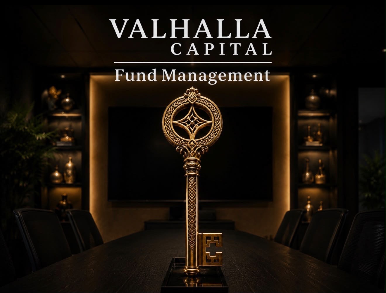 Forgylt Valhalla Capital-nøkkel på styrebordet på Viktoria Terrasse, Oslo